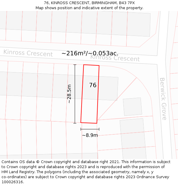76, KINROSS CRESCENT, BIRMINGHAM, B43 7PX: Plot and title map