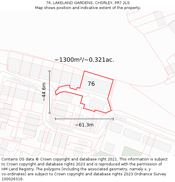 76, LAKELAND GARDENS, CHORLEY, PR7 2LS: Plot and title map