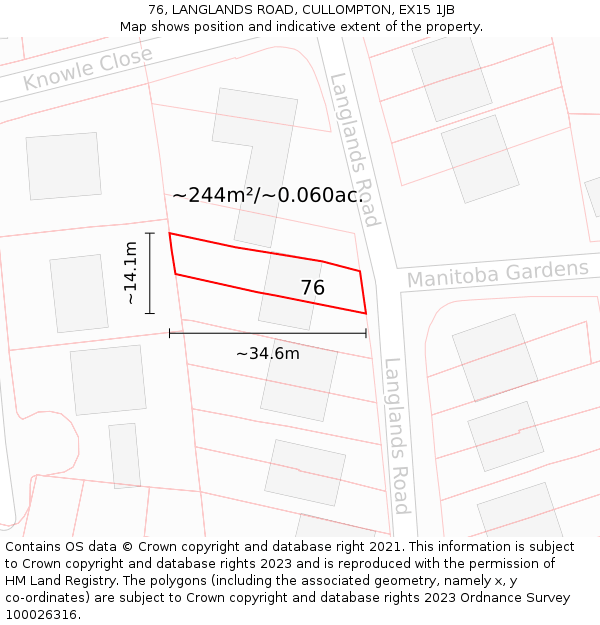 76, LANGLANDS ROAD, CULLOMPTON, EX15 1JB: Plot and title map