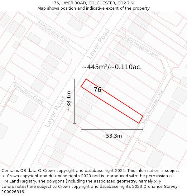 76, LAYER ROAD, COLCHESTER, CO2 7JN: Plot and title map