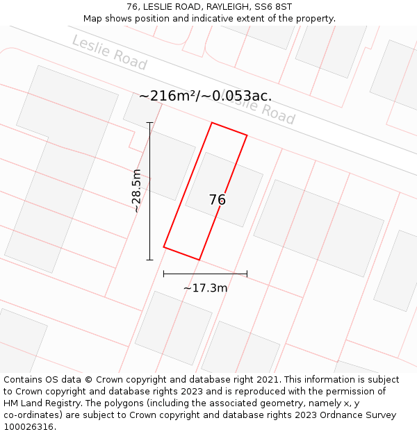 76, LESLIE ROAD, RAYLEIGH, SS6 8ST: Plot and title map