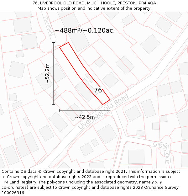 76, LIVERPOOL OLD ROAD, MUCH HOOLE, PRESTON, PR4 4QA: Plot and title map