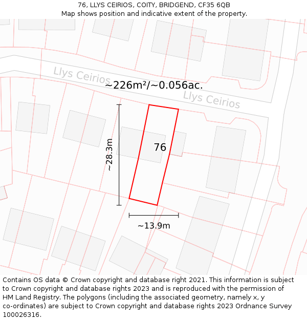 76, LLYS CEIRIOS, COITY, BRIDGEND, CF35 6QB: Plot and title map