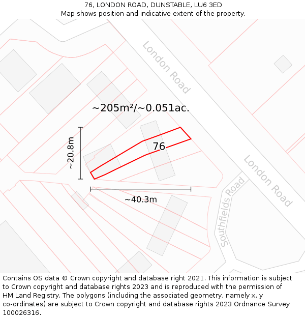 76, LONDON ROAD, DUNSTABLE, LU6 3ED: Plot and title map