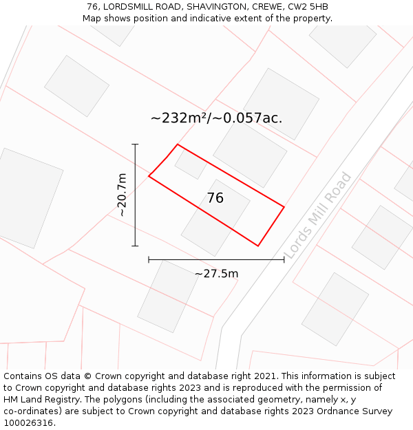 76, LORDSMILL ROAD, SHAVINGTON, CREWE, CW2 5HB: Plot and title map