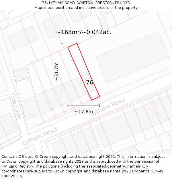 76, LYTHAM ROAD, WARTON, PRESTON, PR4 1XD: Plot and title map