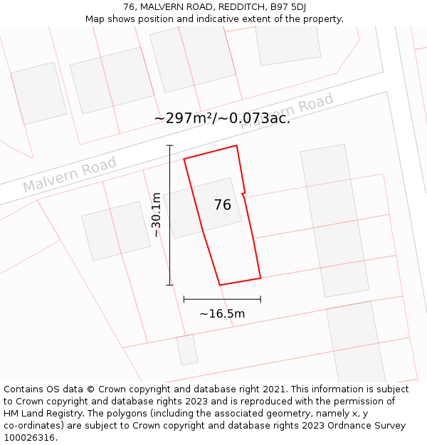 76, MALVERN ROAD, REDDITCH, B97 5DJ: Plot and title map