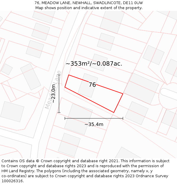 76, MEADOW LANE, NEWHALL, SWADLINCOTE, DE11 0UW: Plot and title map