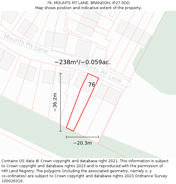 76, MOUNTS PIT LANE, BRANDON, IP27 0DD: Plot and title map