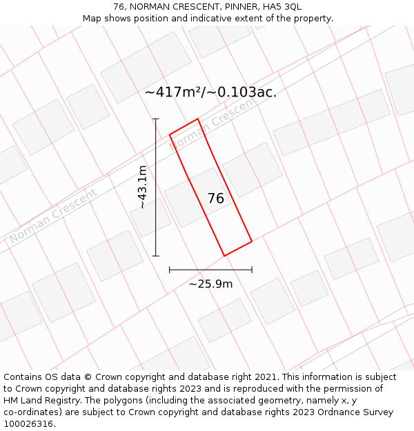 76, NORMAN CRESCENT, PINNER, HA5 3QL: Plot and title map