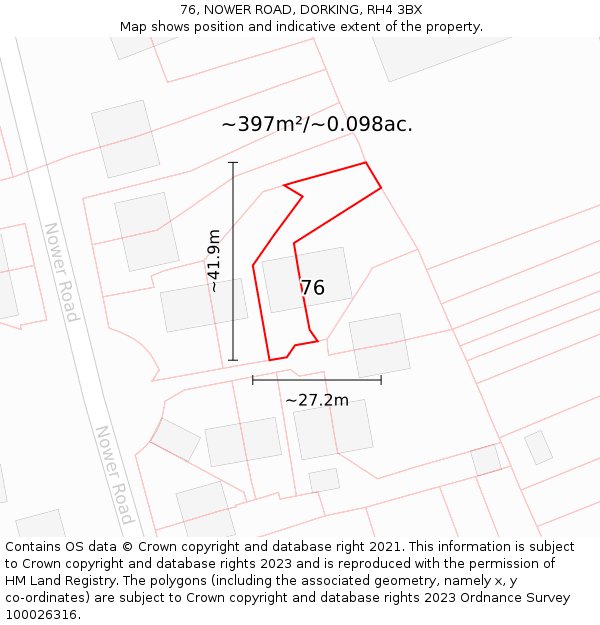 76, NOWER ROAD, DORKING, RH4 3BX: Plot and title map