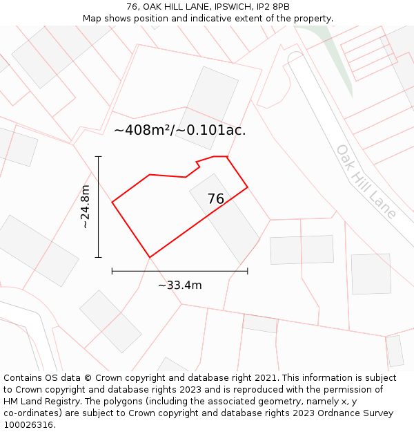 76, OAK HILL LANE, IPSWICH, IP2 8PB: Plot and title map