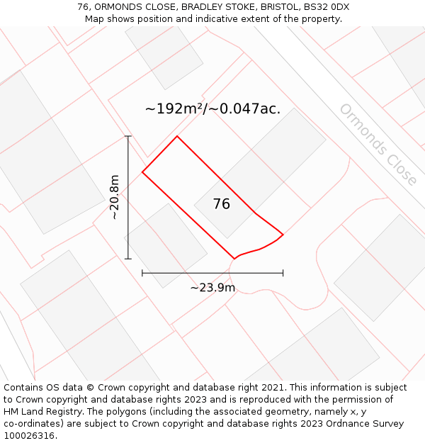 76, ORMONDS CLOSE, BRADLEY STOKE, BRISTOL, BS32 0DX: Plot and title map