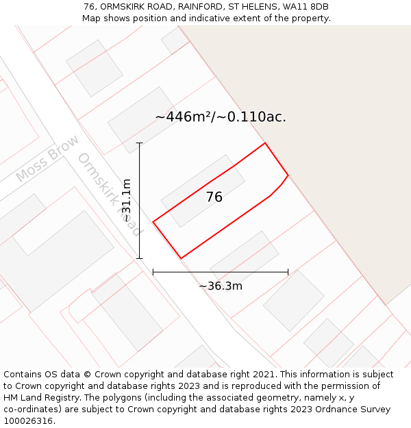 76, ORMSKIRK ROAD, RAINFORD, ST HELENS, WA11 8DB: Plot and title map