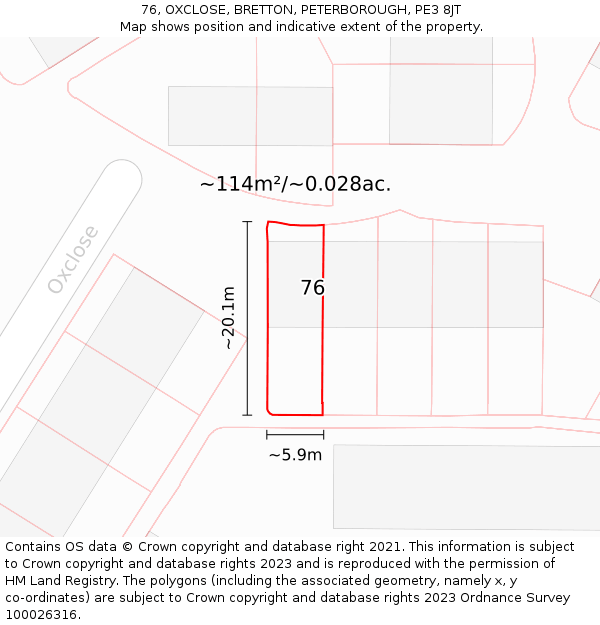 76, OXCLOSE, BRETTON, PETERBOROUGH, PE3 8JT: Plot and title map