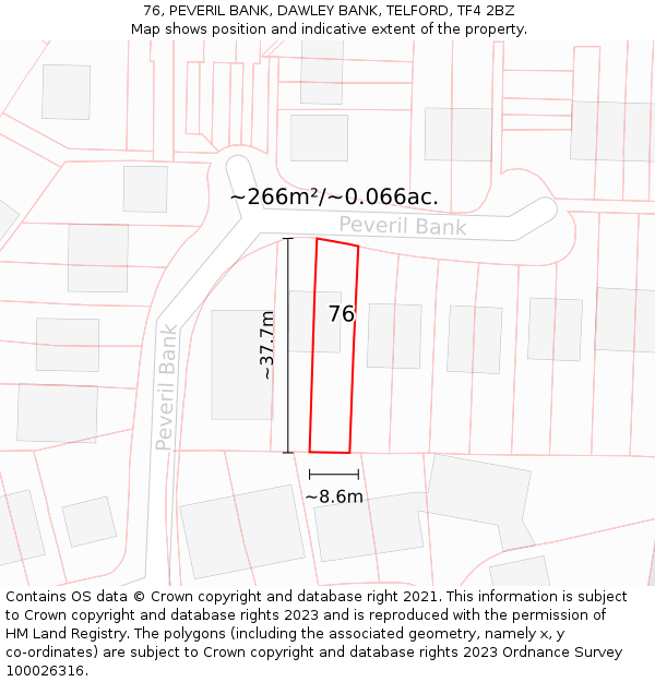 76, PEVERIL BANK, DAWLEY BANK, TELFORD, TF4 2BZ: Plot and title map