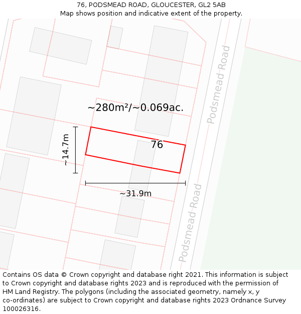 76, PODSMEAD ROAD, GLOUCESTER, GL2 5AB: Plot and title map