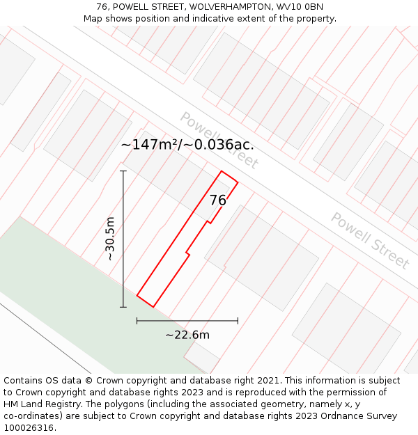 76, POWELL STREET, WOLVERHAMPTON, WV10 0BN: Plot and title map