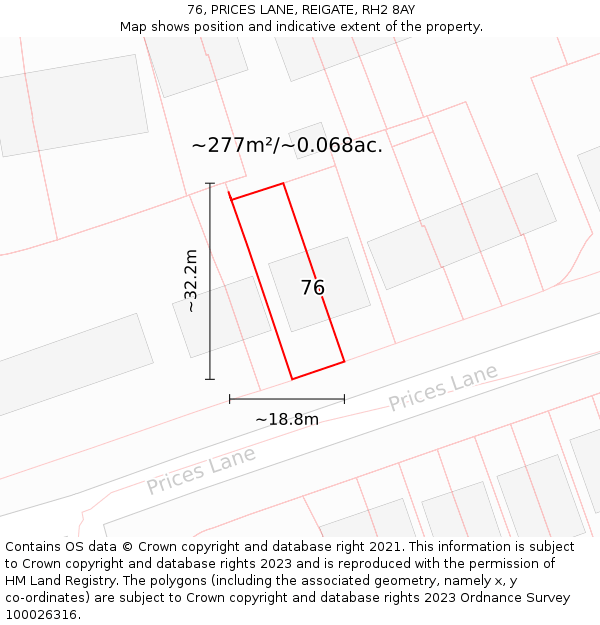 76, PRICES LANE, REIGATE, RH2 8AY: Plot and title map