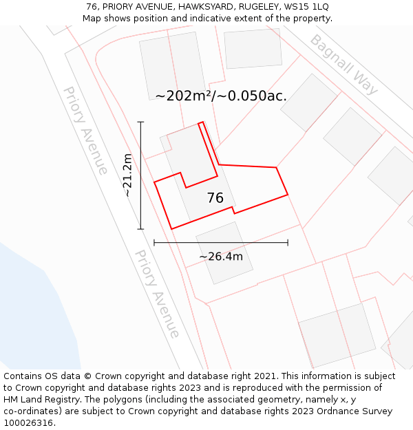76, PRIORY AVENUE, HAWKSYARD, RUGELEY, WS15 1LQ: Plot and title map