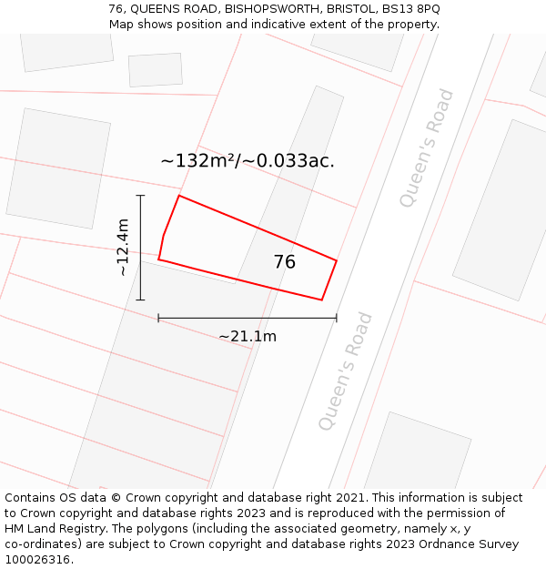 76, QUEENS ROAD, BISHOPSWORTH, BRISTOL, BS13 8PQ: Plot and title map