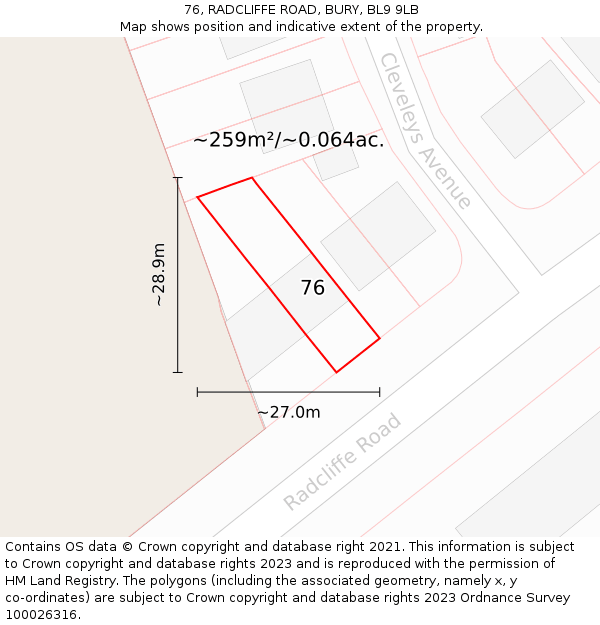 76, RADCLIFFE ROAD, BURY, BL9 9LB: Plot and title map