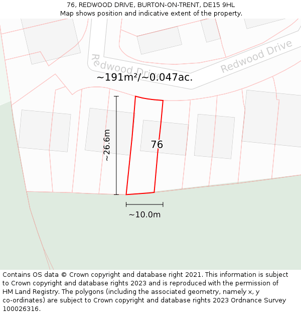76, REDWOOD DRIVE, BURTON-ON-TRENT, DE15 9HL: Plot and title map