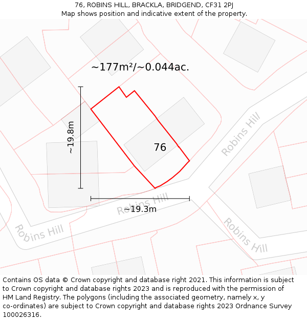 76, ROBINS HILL, BRACKLA, BRIDGEND, CF31 2PJ: Plot and title map