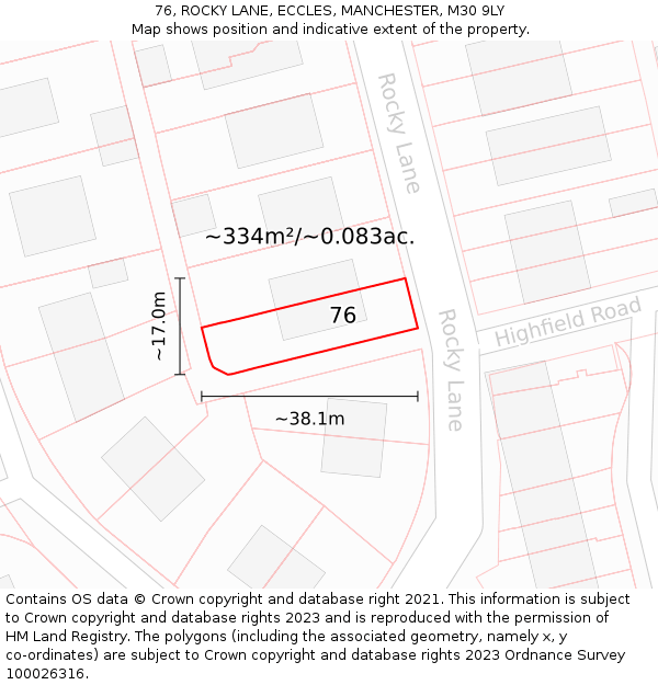 76, ROCKY LANE, ECCLES, MANCHESTER, M30 9LY: Plot and title map