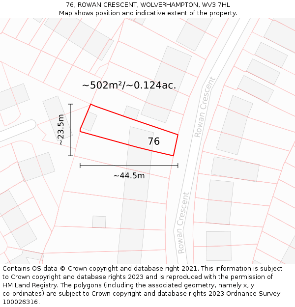 76, ROWAN CRESCENT, WOLVERHAMPTON, WV3 7HL: Plot and title map