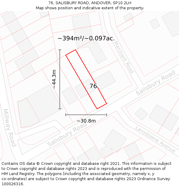 76, SALISBURY ROAD, ANDOVER, SP10 2LH: Plot and title map