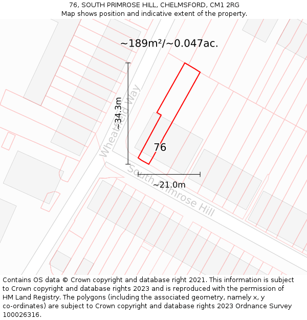 76, SOUTH PRIMROSE HILL, CHELMSFORD, CM1 2RG: Plot and title map