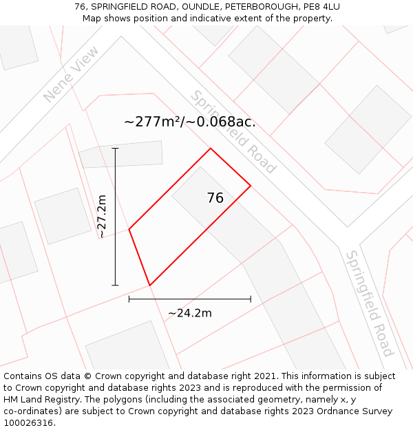 76, SPRINGFIELD ROAD, OUNDLE, PETERBOROUGH, PE8 4LU: Plot and title map