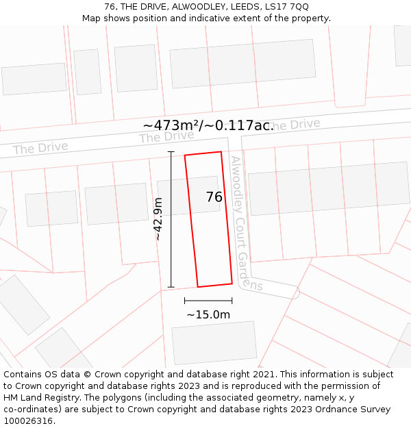 76, THE DRIVE, ALWOODLEY, LEEDS, LS17 7QQ: Plot and title map