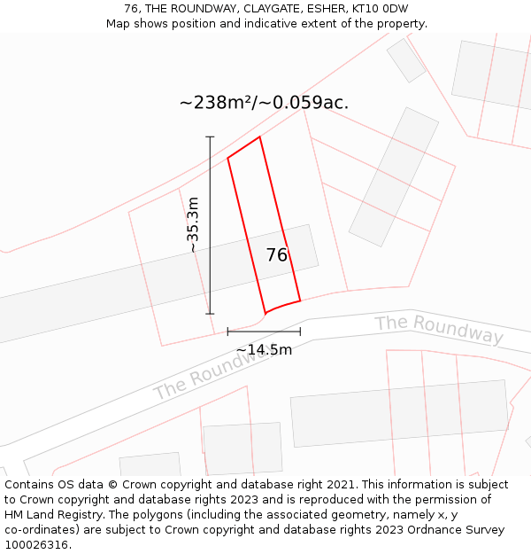 76, THE ROUNDWAY, CLAYGATE, ESHER, KT10 0DW: Plot and title map