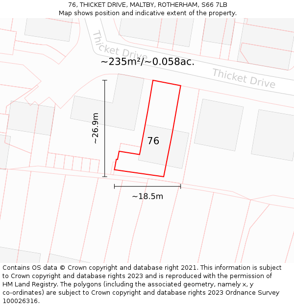 76, THICKET DRIVE, MALTBY, ROTHERHAM, S66 7LB: Plot and title map