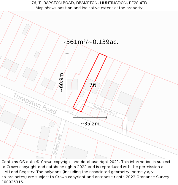 76, THRAPSTON ROAD, BRAMPTON, HUNTINGDON, PE28 4TD: Plot and title map