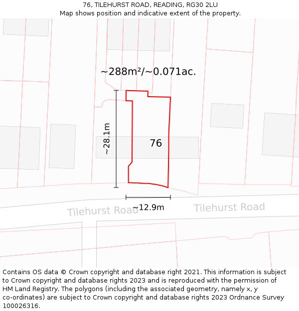 76, TILEHURST ROAD, READING, RG30 2LU: Plot and title map