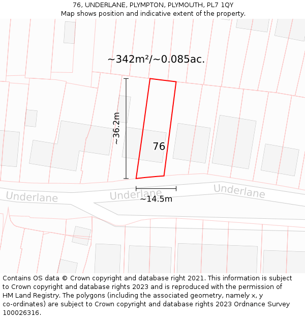 76, UNDERLANE, PLYMPTON, PLYMOUTH, PL7 1QY: Plot and title map