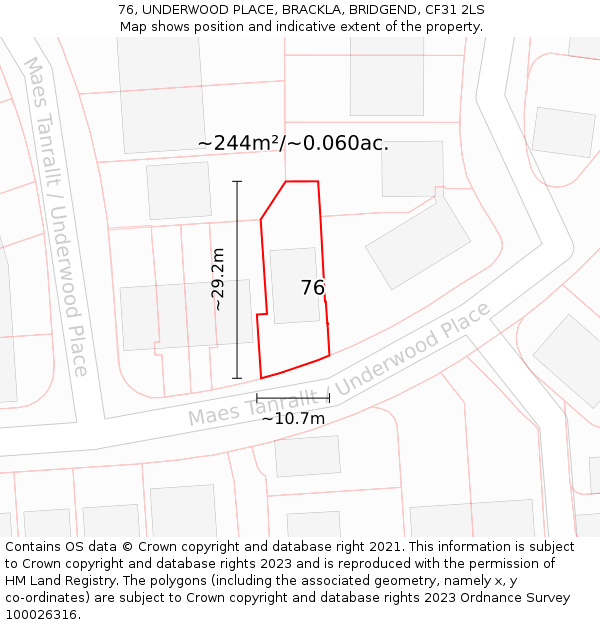 76, UNDERWOOD PLACE, BRACKLA, BRIDGEND, CF31 2LS: Plot and title map
