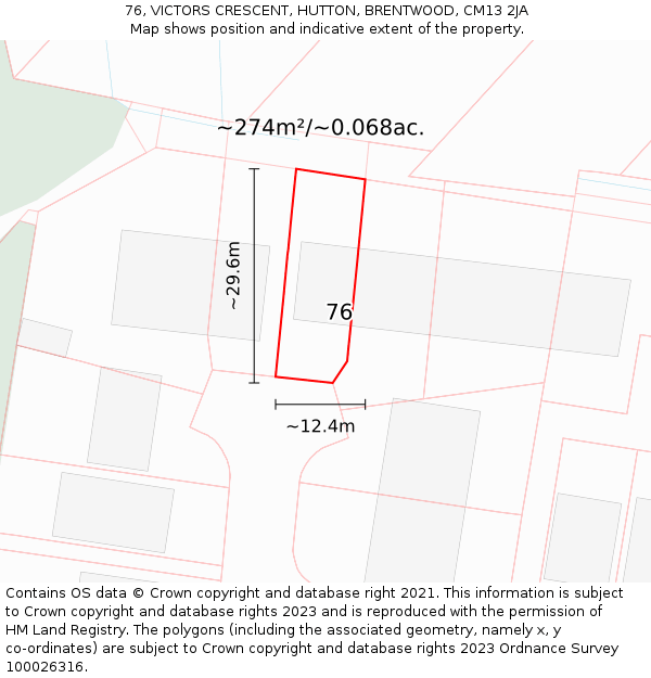 76, VICTORS CRESCENT, HUTTON, BRENTWOOD, CM13 2JA: Plot and title map