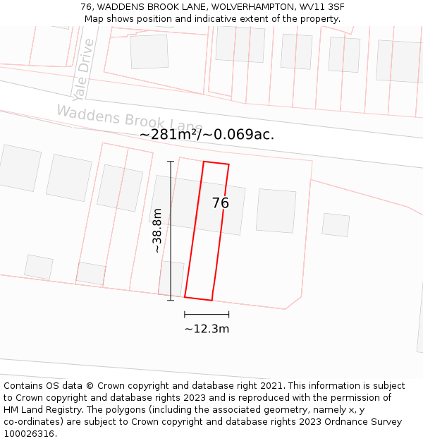 76, WADDENS BROOK LANE, WOLVERHAMPTON, WV11 3SF: Plot and title map