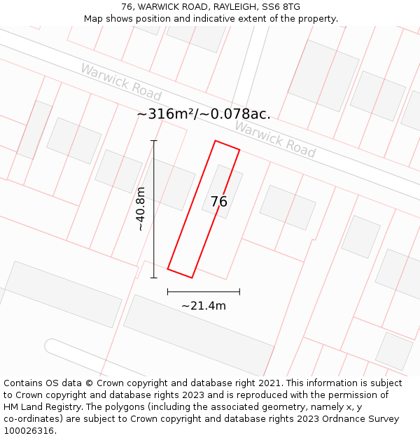 76, WARWICK ROAD, RAYLEIGH, SS6 8TG: Plot and title map