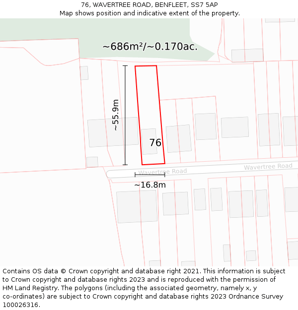 76, WAVERTREE ROAD, BENFLEET, SS7 5AP: Plot and title map