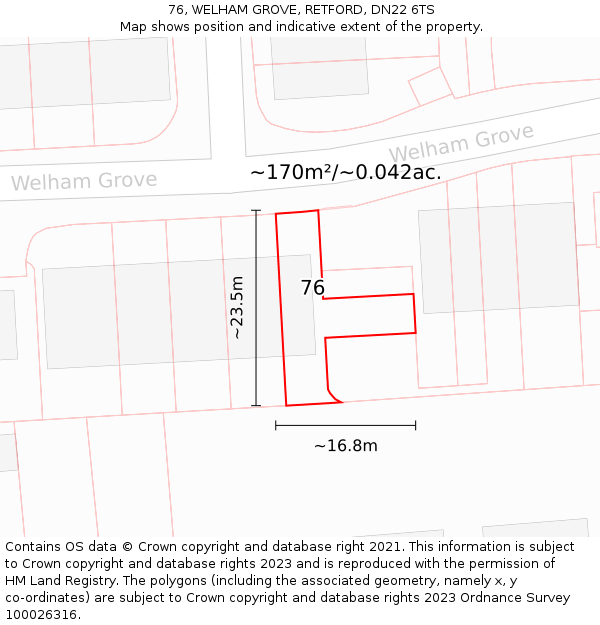 76, WELHAM GROVE, RETFORD, DN22 6TS: Plot and title map