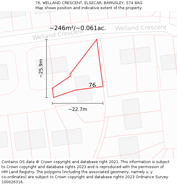76, WELLAND CRESCENT, ELSECAR, BARNSLEY, S74 8AG: Plot and title map