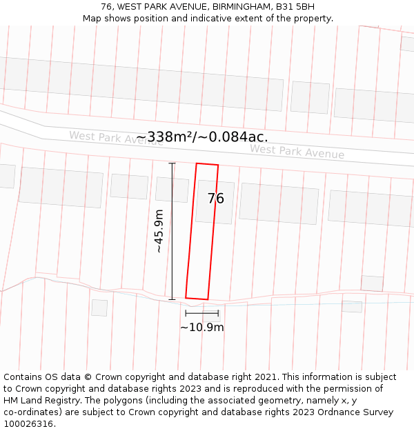 76, WEST PARK AVENUE, BIRMINGHAM, B31 5BH: Plot and title map