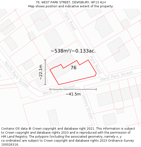76, WEST PARK STREET, DEWSBURY, WF13 4LH: Plot and title map