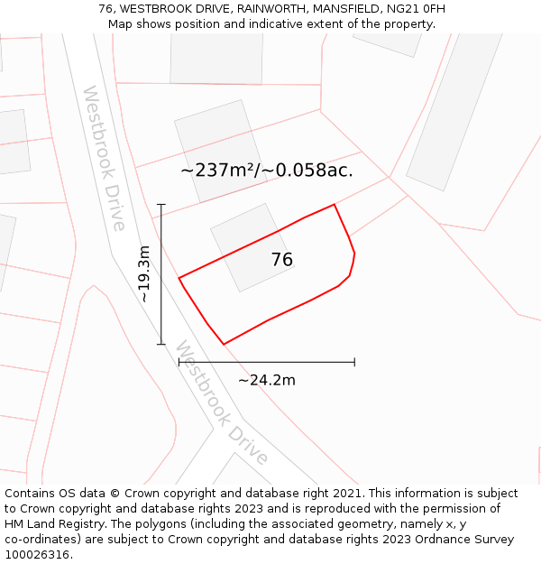 76, WESTBROOK DRIVE, RAINWORTH, MANSFIELD, NG21 0FH: Plot and title map