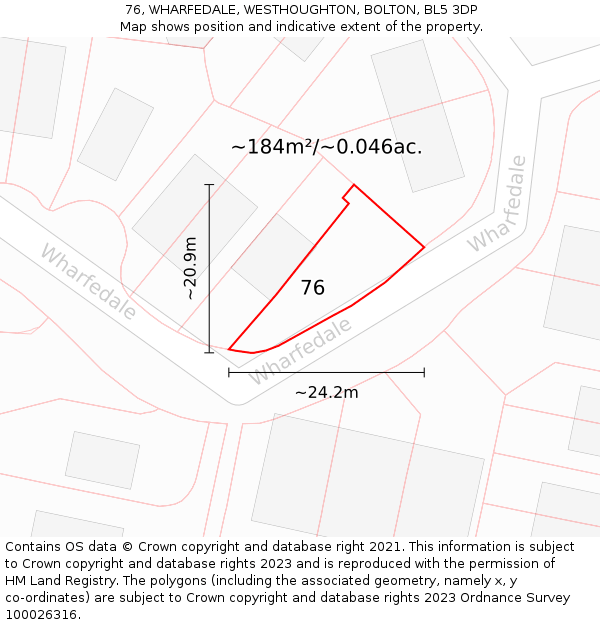 76, WHARFEDALE, WESTHOUGHTON, BOLTON, BL5 3DP: Plot and title map